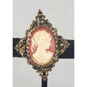 Vintage Signed Gerry’s Gold Tone Red Filigree Lady Cameo Pendant Brooch